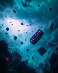 Experience a surreal storm where the laws of physics seem to bend and break, with objects floating in the air amidst a chaoti