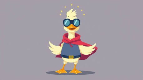 This modern flat design illustration features a duck dressed in a zany superhero costume, radiating an ethereal and spiritual