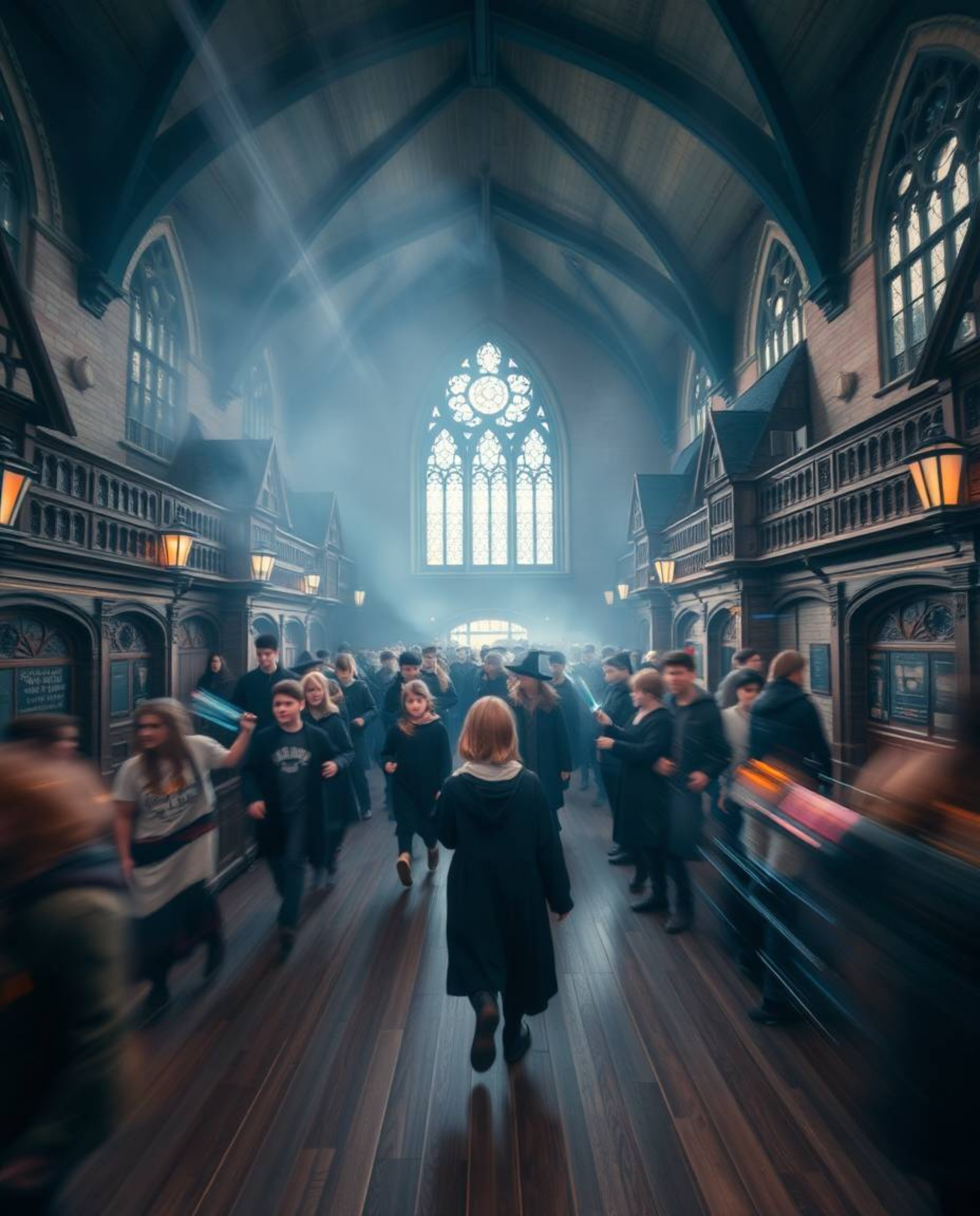 Capture the enchanting atmosphere of a magical school filled with young wizards through long exposure photography. Emphasizin