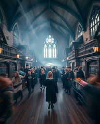 Capture the enchanting atmosphere of a magical school filled with young wizards through long exposure photography. Emphasizin