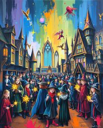 This is a bold acrylic painting depicting a magical school brimming with young wizards. The artwork emphasizes vibrant colors