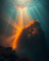 Discover a captivating image of a volumetrically lit underwater shipwreck, bathed in warm autumn hues. Light beams pierce the