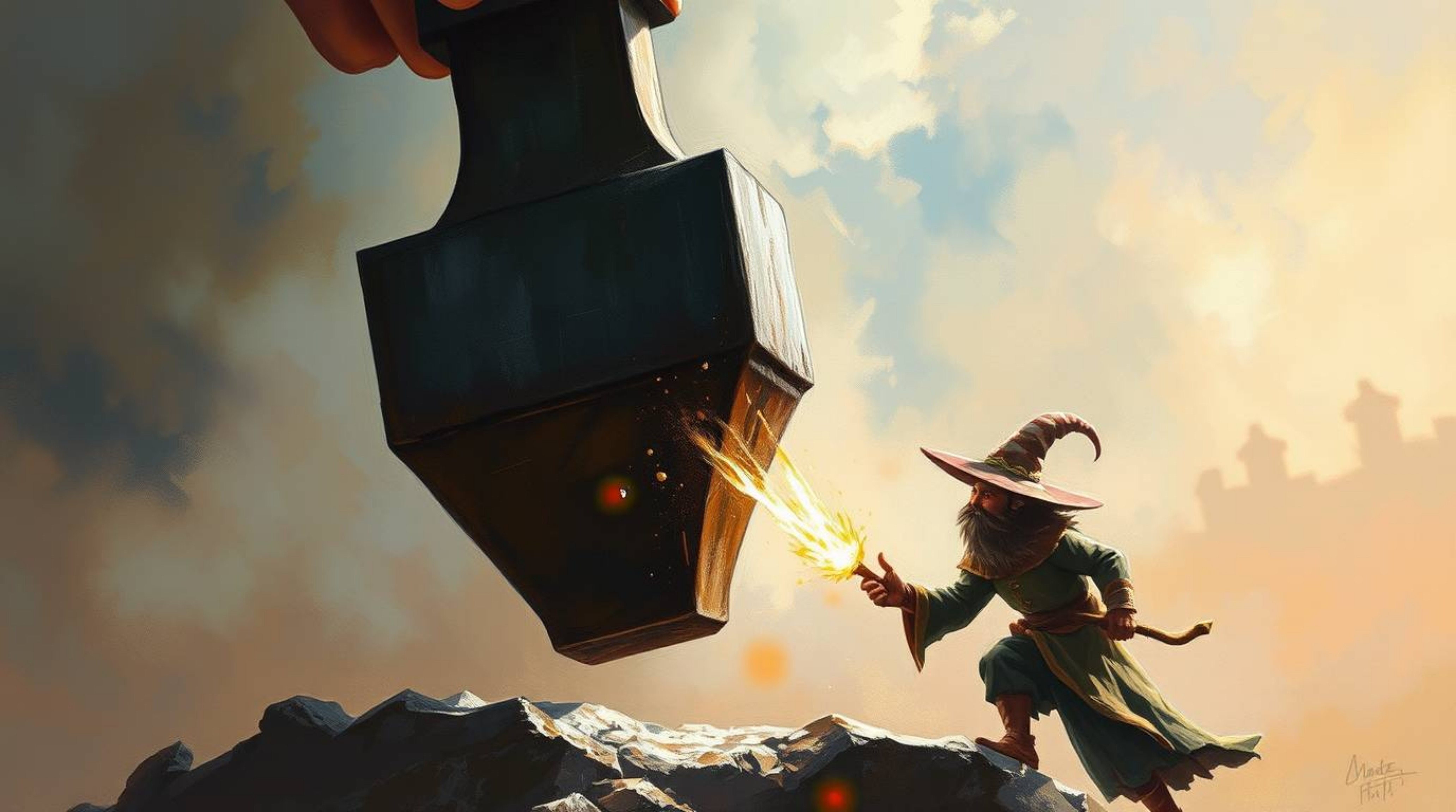A classic oil painting depicting a humorous yet precarious scene: an anvil poised to drop on a trickster character. The artwo