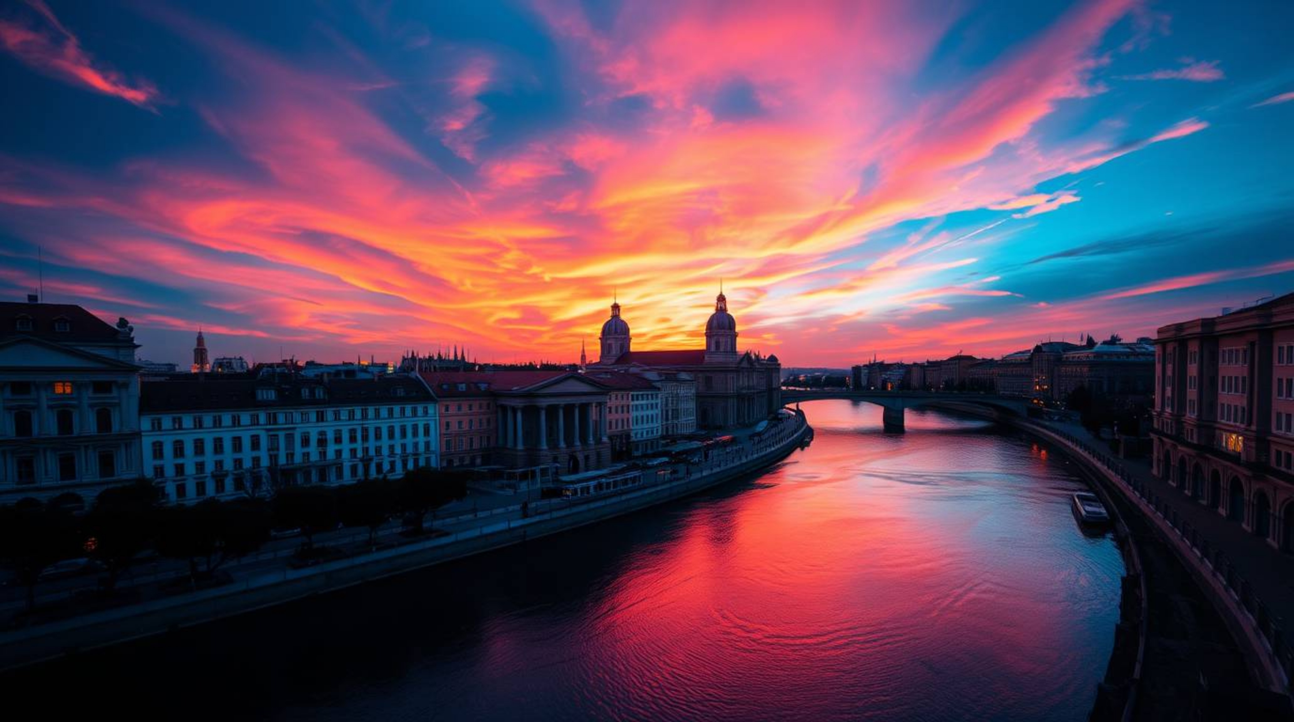 This vibrant architectural photograph captures a winding river bathed in the ethereal glow of a dramatic orange-pink sky. The