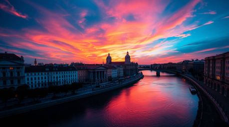 This vibrant architectural photograph captures a winding river bathed in the ethereal glow of a dramatic orange-pink sky. The