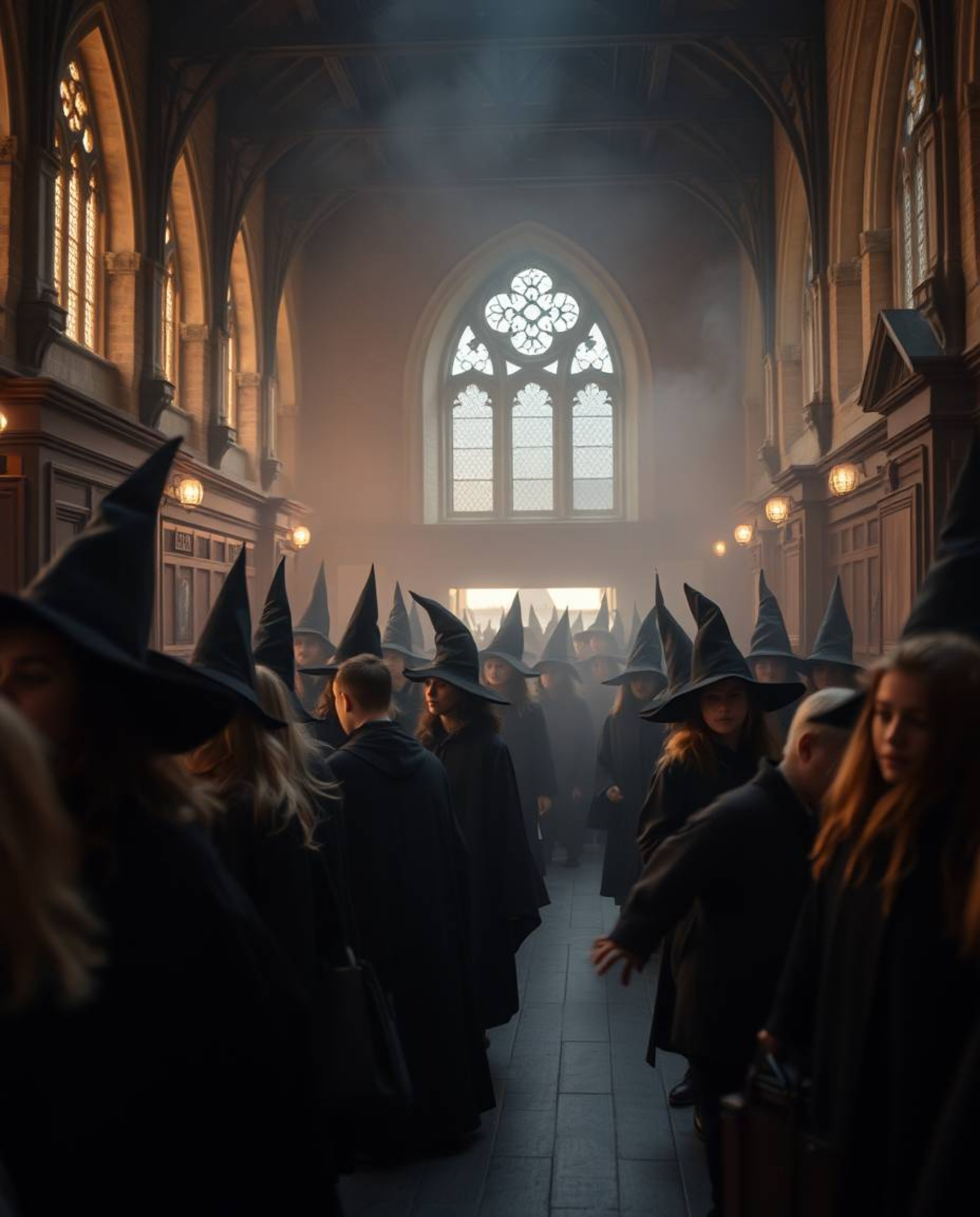 A captivating fine art photograph showcases a magical school teeming with young wizards. The image evokes a soft, dreamy atmo