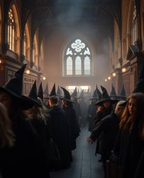 A captivating fine art photograph showcases a magical school teeming with young wizards. The image evokes a soft, dreamy atmo