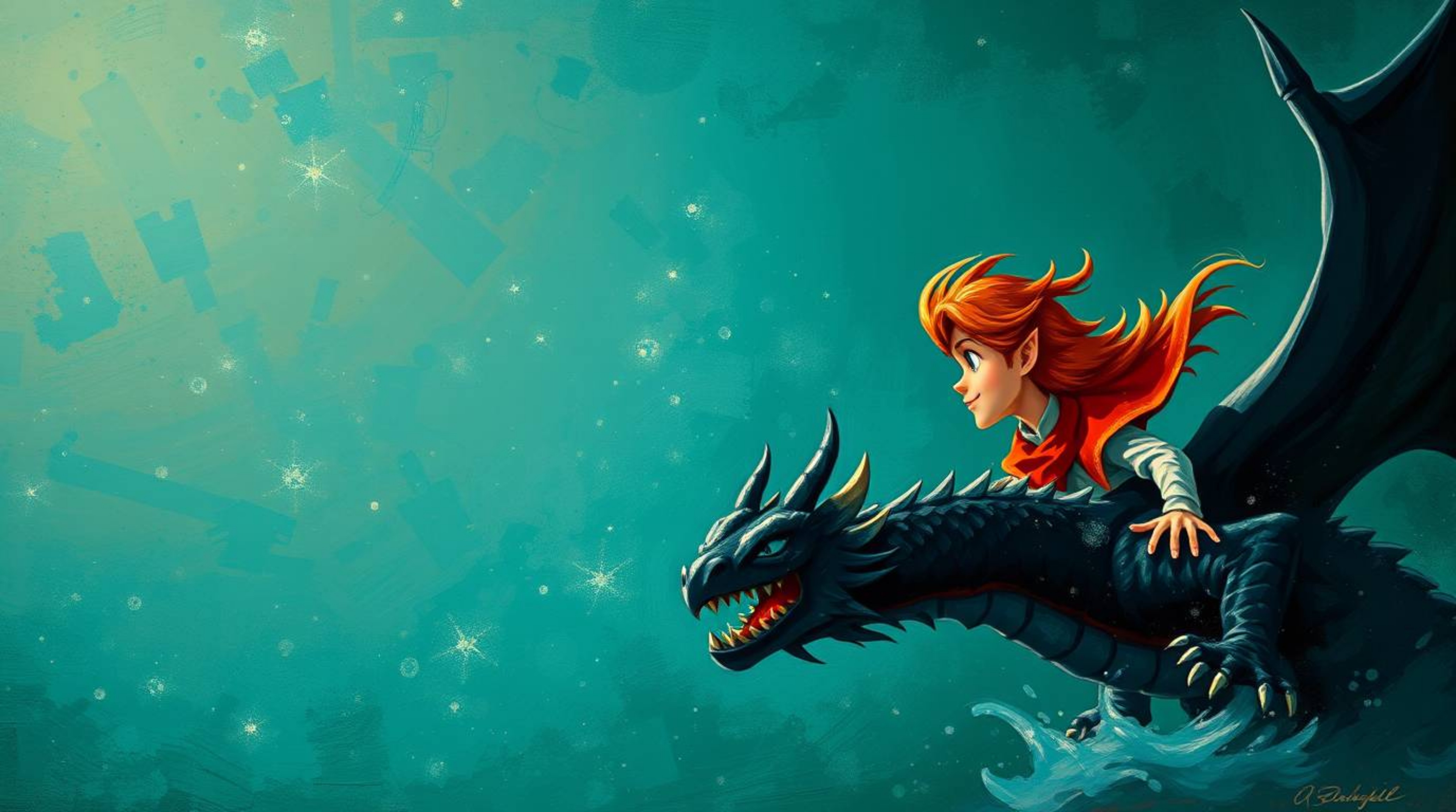 A captivating image depicting a charming prince with light skin and vibrant red hair battling a fearsome black dragon.  Rende