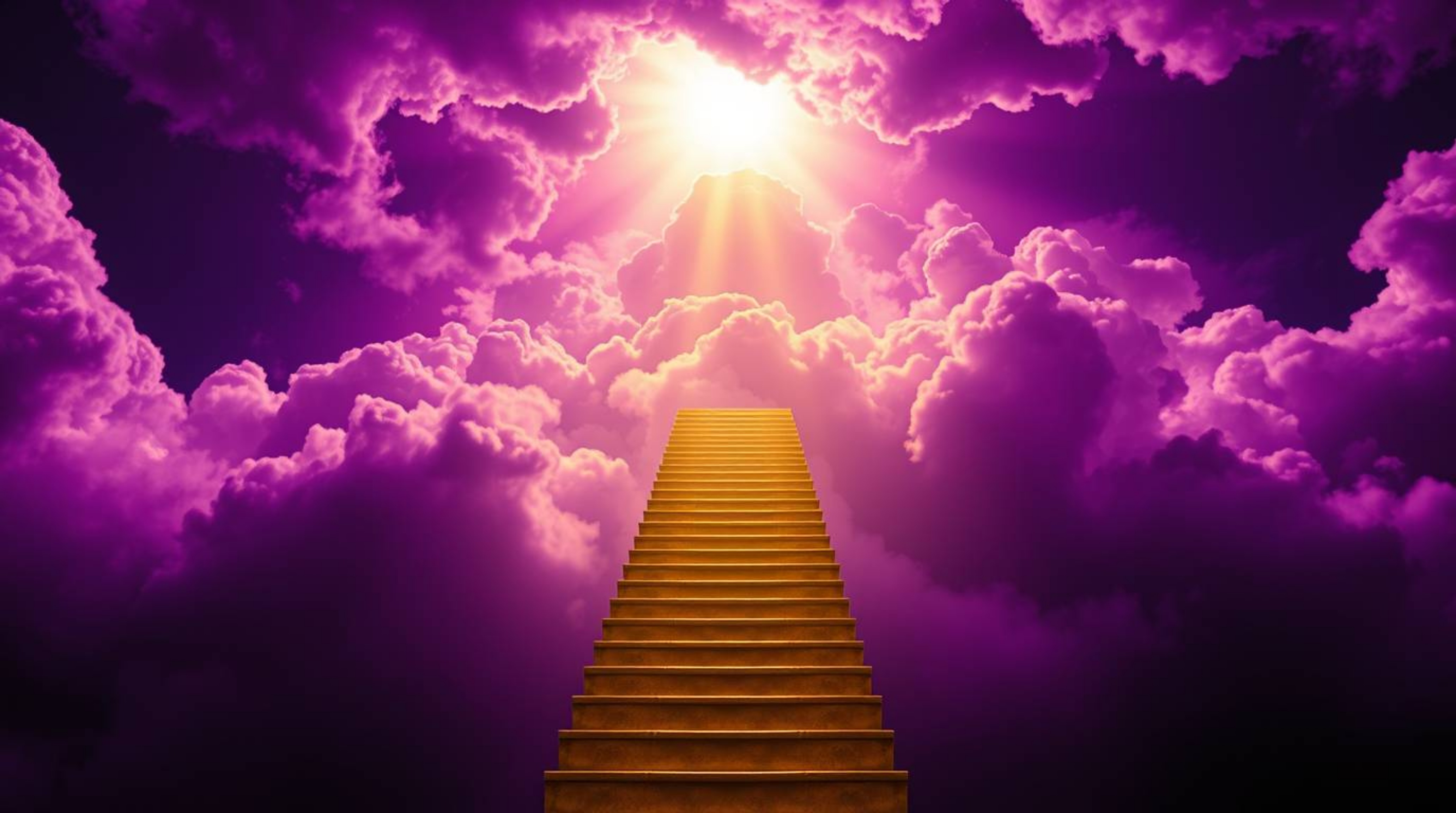 A breathtaking photograph captures a golden staircase ascending through a dramatic, ultraviolet-hued storm towards a radiant 