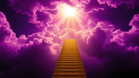 A breathtaking photograph captures a golden staircase ascending through a dramatic, ultraviolet-hued storm towards a radiant 