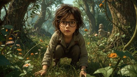 A highly detailed, high-resolution stock photo features a bespectacled, curious young person with messy brown hair kneeling a