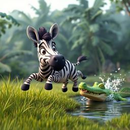 A charming 3D cartoon scene features a cute zebra with expressive eyes and a friendly smile playfully jumping from a grassy c