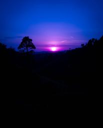This artwork captures a cool-toned sunset over terraced tea plantations, rendered in a striking palette of blues, greens, and