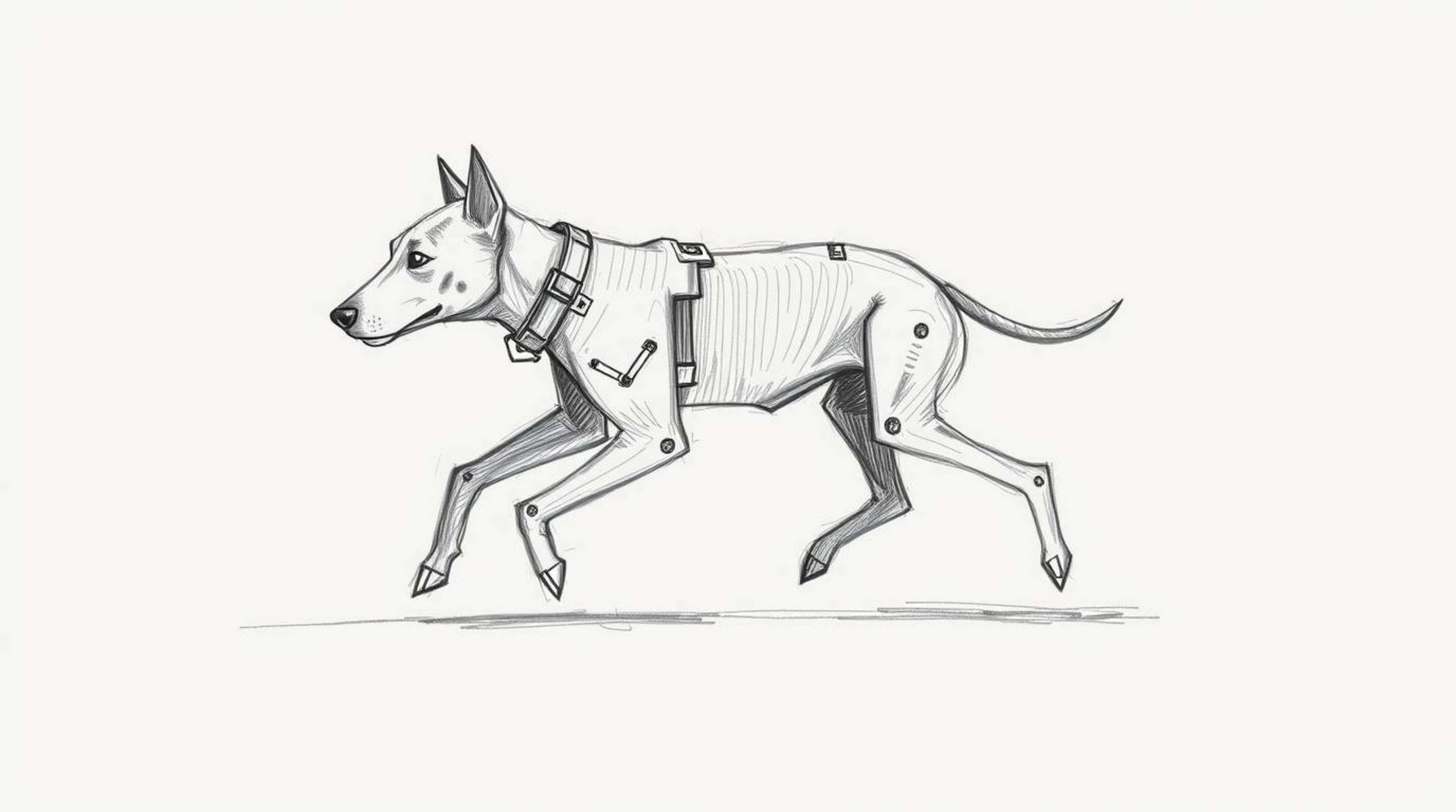 Explore a hand-drawn sketch of a futuristic dog embarking on a self-propelled walk through the vastness of space. This artwor
