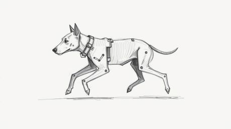 Explore a hand-drawn sketch of a futuristic dog embarking on a self-propelled walk through the vastness of space. This artwor