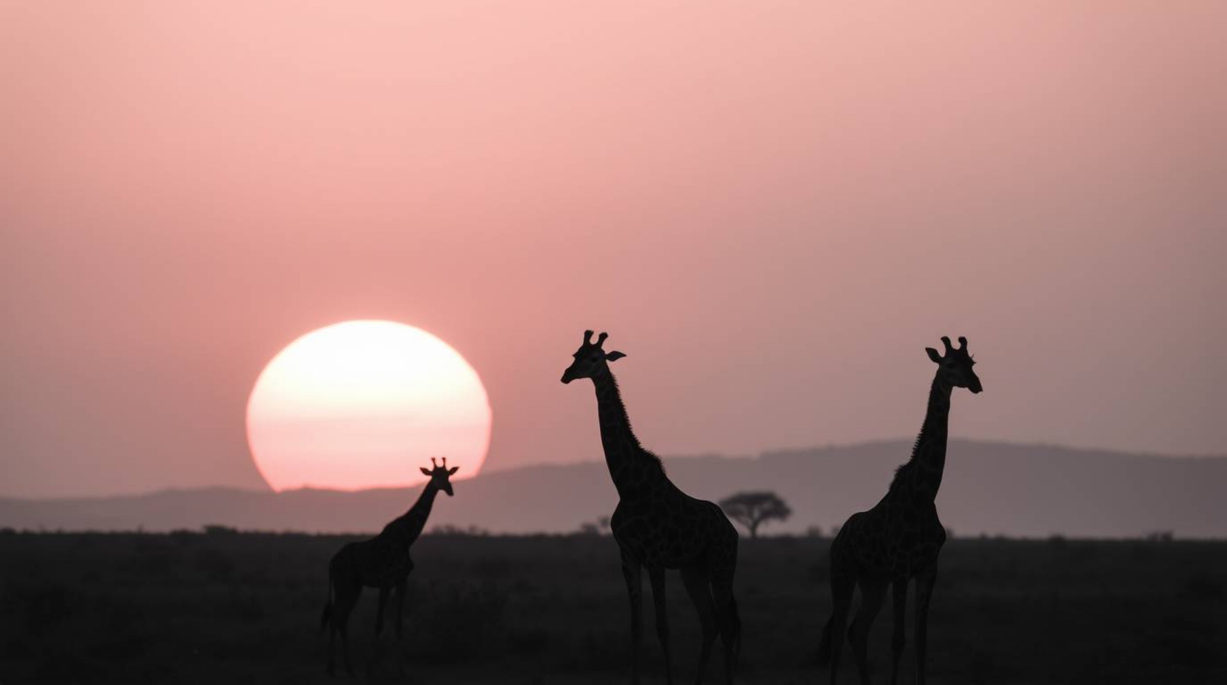 A timeless and elegant black and white photograph captures a breathtaking sunset over the African savanna. Silhouetted giraff