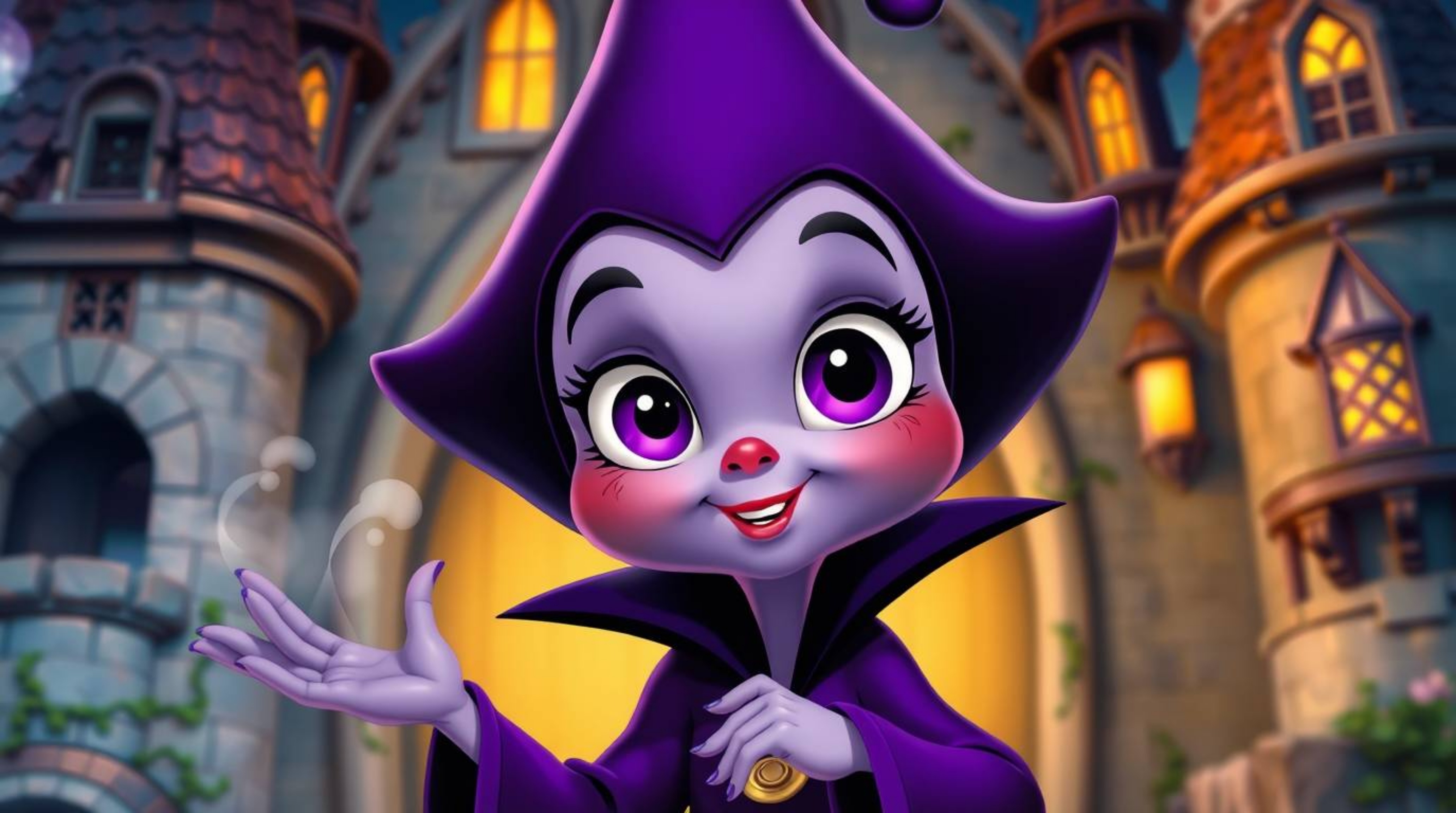 Discover an enchanting image of an adorable Disney villain, with expressive eyes and rosy cheeks, casting a spell within a vi