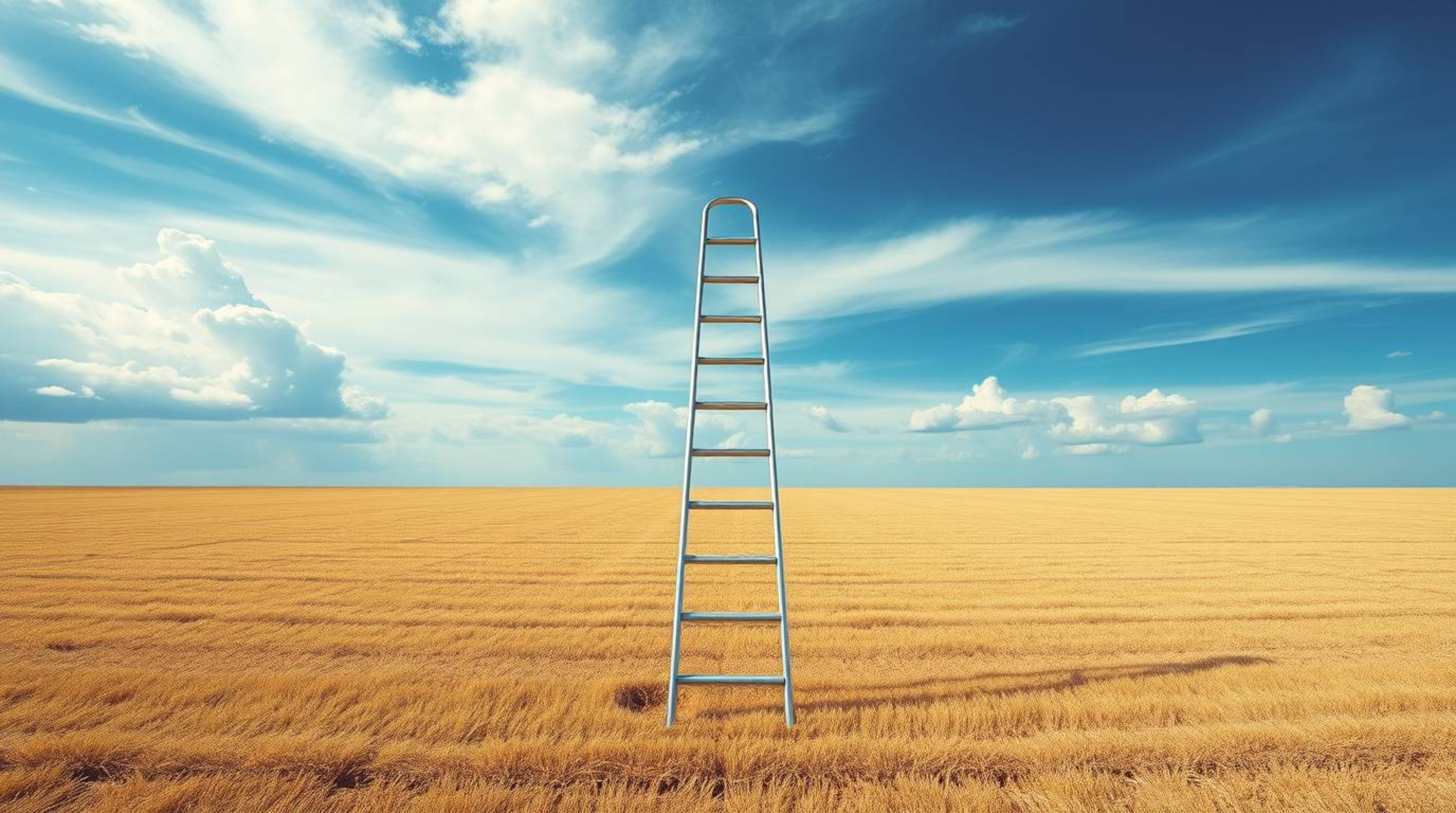 A minimalist scene featuring a silver ladder in a vast open field under a wide, cloudy sky, rendered in electric vivid colors