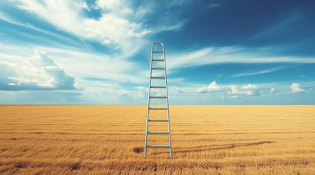 A minimalist scene featuring a silver ladder in a vast open field under a wide, cloudy sky, rendered in electric vivid colors
