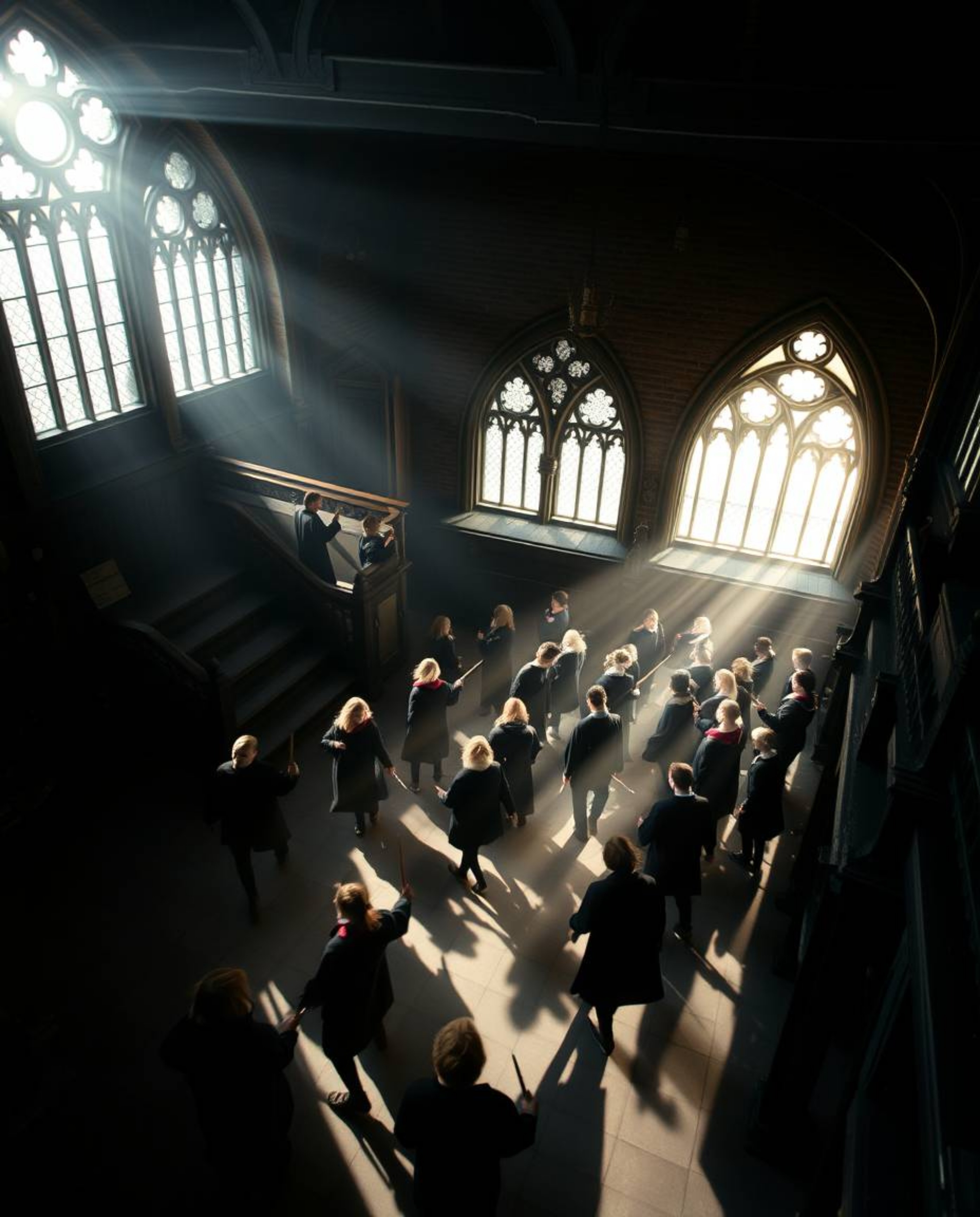 Experience the magic! A captivating high-angle shot showcases a bustling magical school filled with young wizards, silhouette