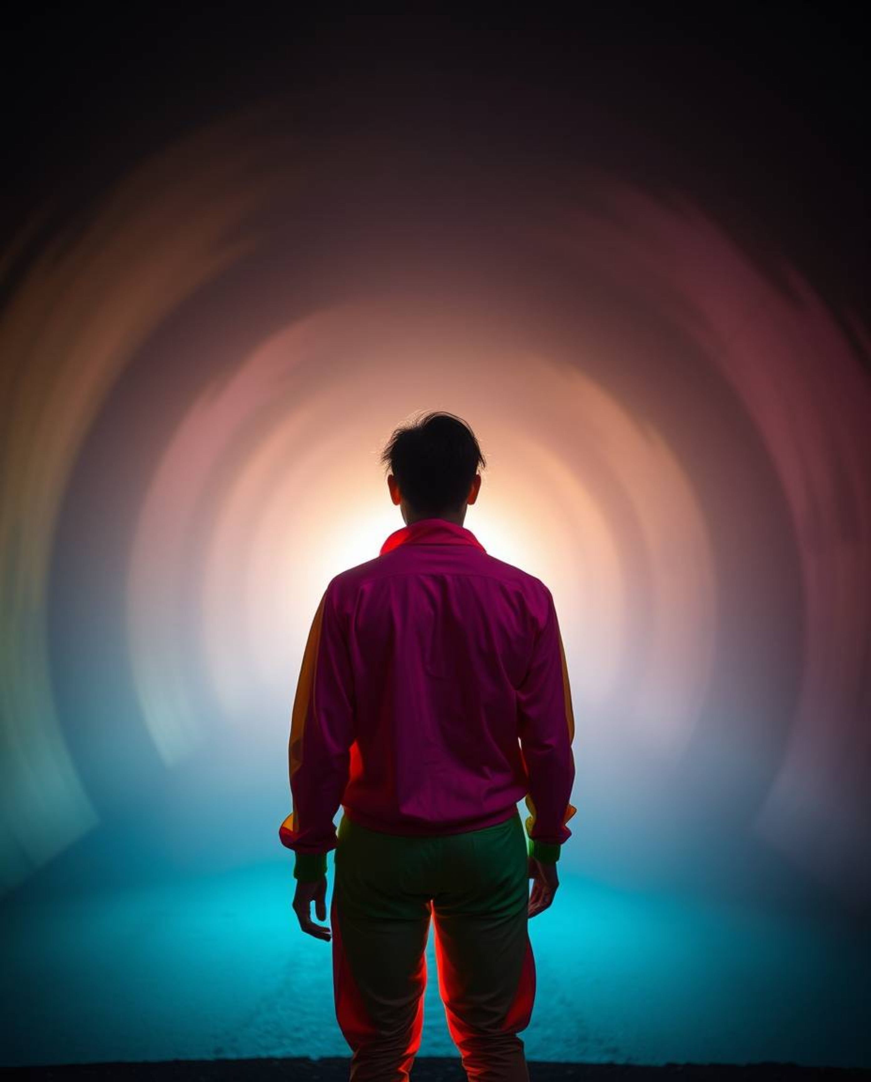 A captivating scene featuring a person adorned in vibrant, electric-colored clothing, standing at the precipice of a tunnel a