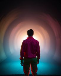 A captivating scene featuring a person adorned in vibrant, electric-colored clothing, standing at the precipice of a tunnel a