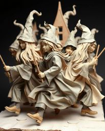 Explore a dynamic and magical world with this layered papier-mâché sculpture depicting a wizard school in motion. The artwork