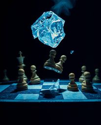 A captivating image featuring a chessboard with pieces suspended mid-air in a moment of frozen destruction.  The scene is ren