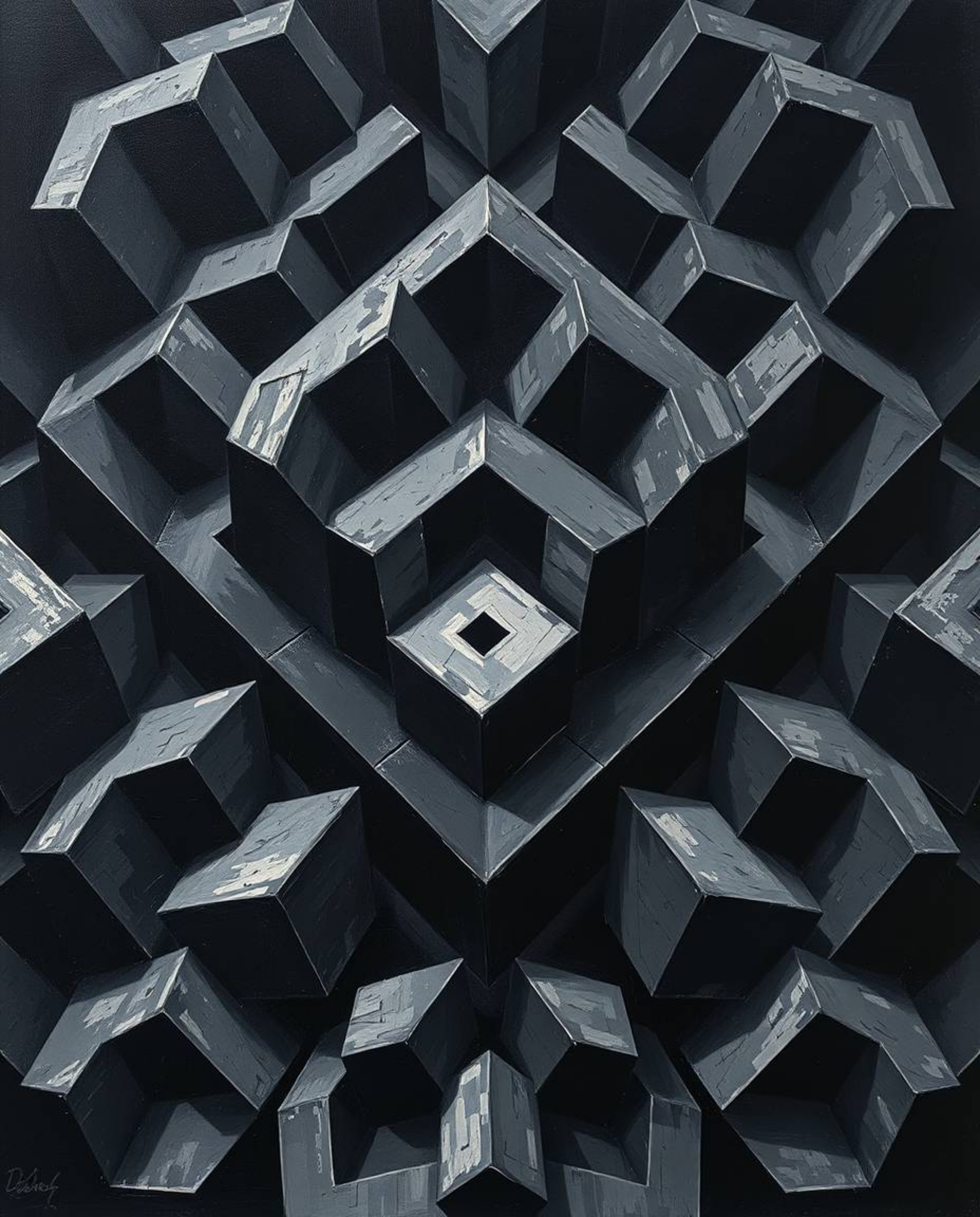 A captivating oil painting showcases a strong, moody style with repetitive cube patterns reminiscent of Escher's impossible g