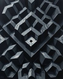 A captivating oil painting showcases a strong, moody style with repetitive cube patterns reminiscent of Escher's impossible g