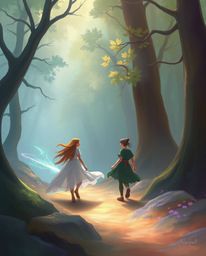 Discover a captivating dreamlike painting featuring a group of friends with unique powers exploring an enchanting forest.  Th