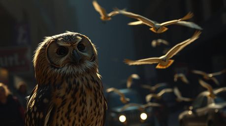 Capture the magic of a blind owl, crafted in Pixar style, teaching birds to fly in an urban environment. This candid street p
