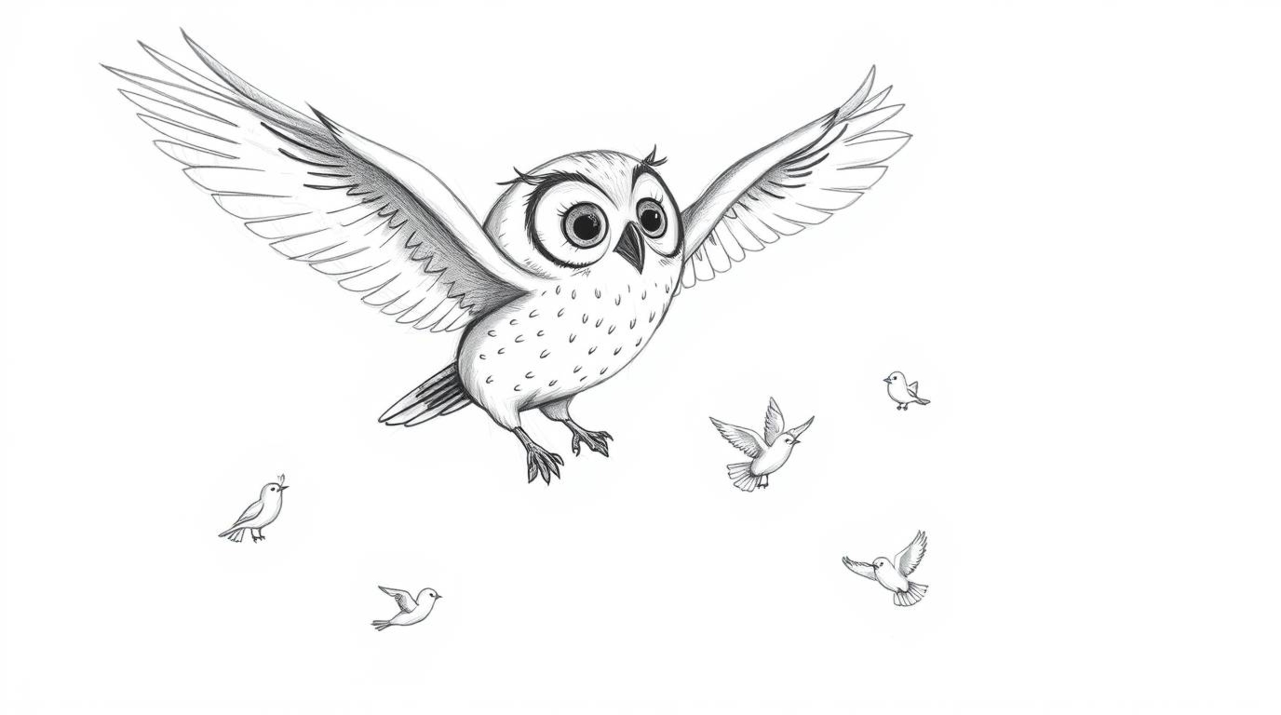 A heartwarming hand-drawn sketch in the style of Pixar depicts a blind owl bravely teaching birds to fly.  The owl, rendered 