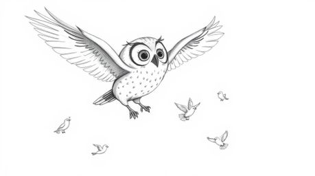 A heartwarming hand-drawn sketch in the style of Pixar depicts a blind owl bravely teaching birds to fly.  The owl, rendered 