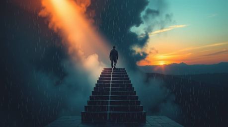 This geometric logo design is inspired by a captivating rainy scene. It features a lone figure ascending a stone staircase to