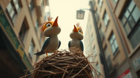 Capture the spontaneous charm of two cartoon birds diligently constructing their nest amidst a hazy urban backdrop. This low-