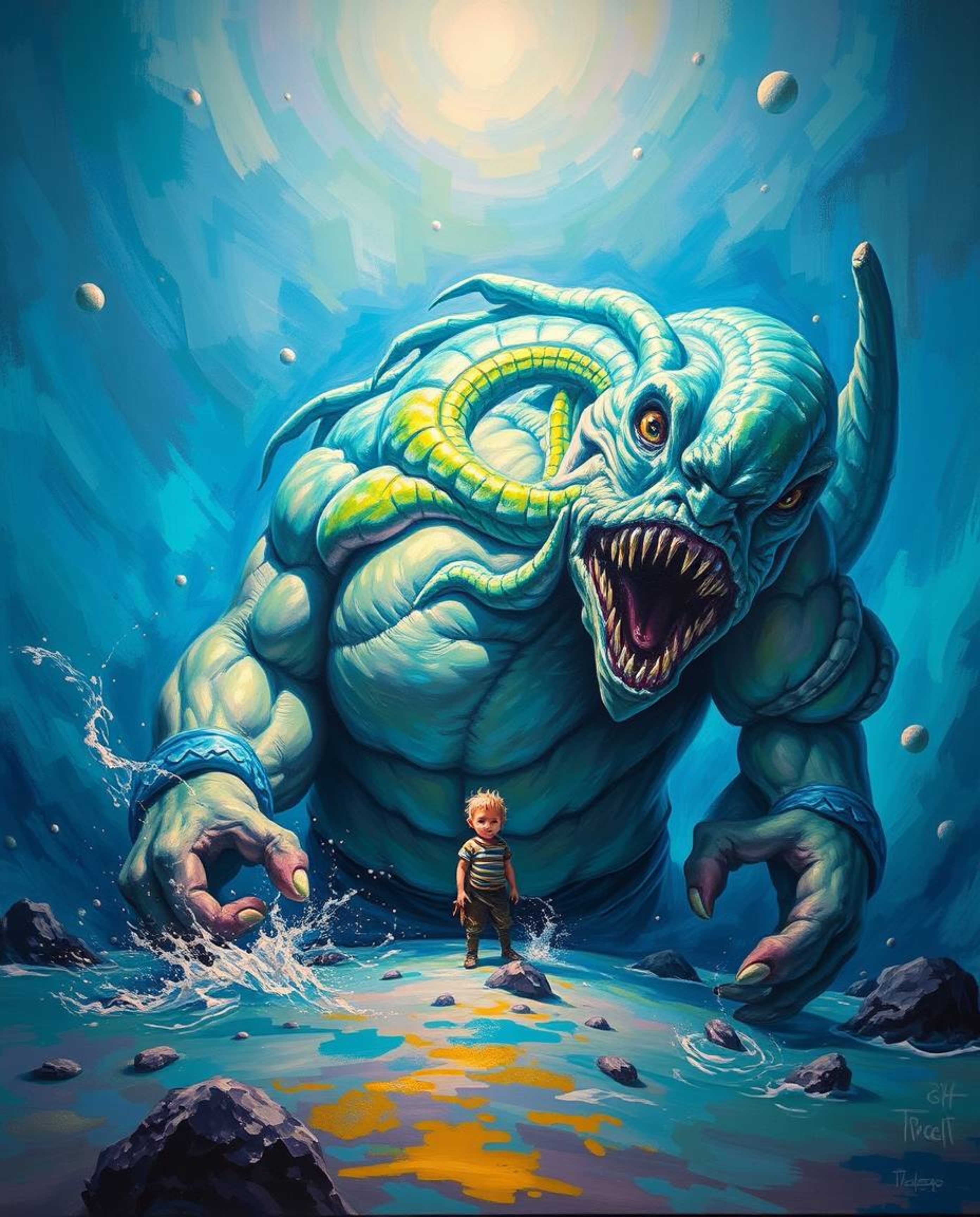 This bold acrylic painting depicts a modern future grand scene showcasing a heroic sea creature with a powerful physique befr
