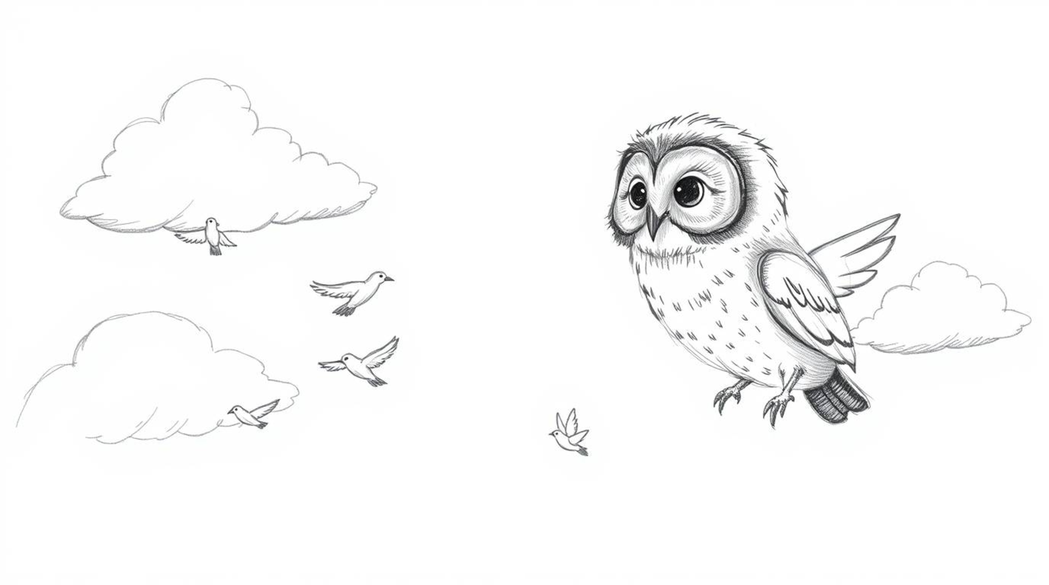 A heartwarming, hand-drawn sketch reminiscent of Pixar's style portrays a blind owl, rendered with soft, feathery textures, g