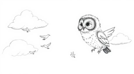 A heartwarming, hand-drawn sketch reminiscent of Pixar's style portrays a blind owl, rendered with soft, feathery textures, g