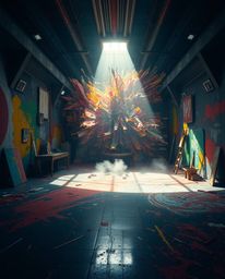 A visually stunning image depicting a room exploding with paint, rendered on an epic scale and utilizing chiaroscuro lighting