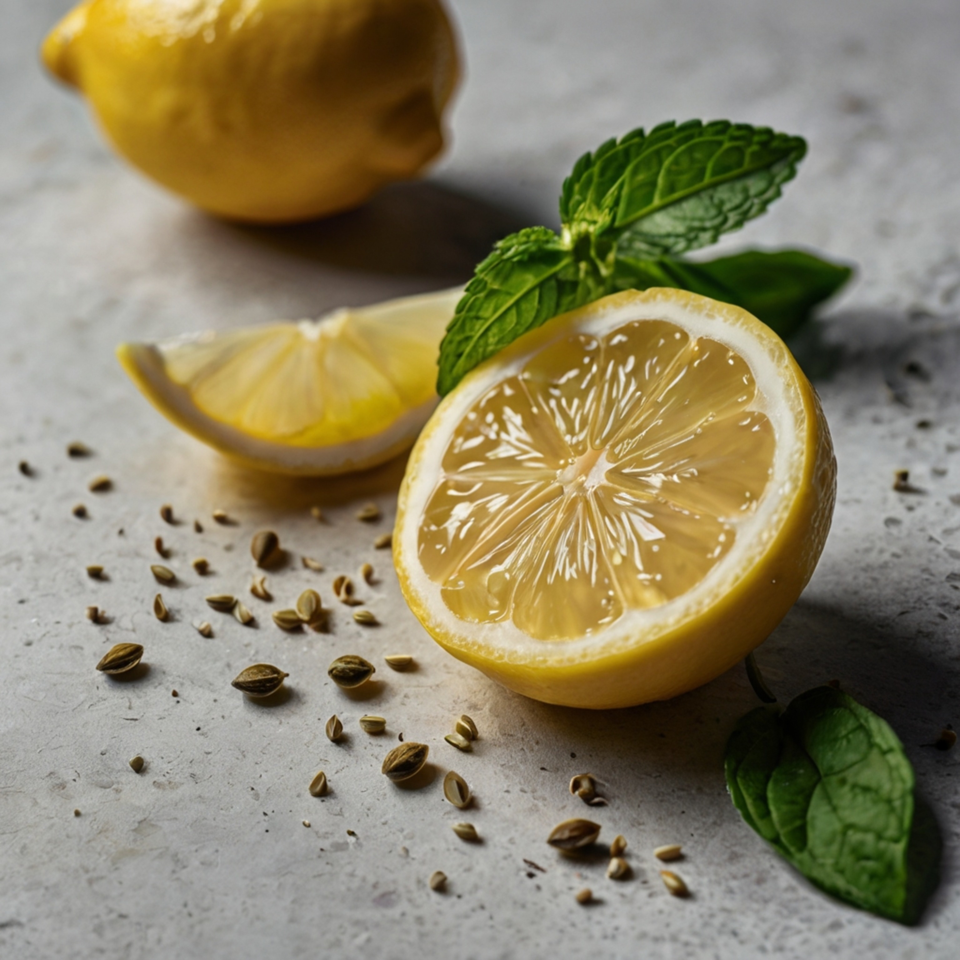 A vibrant close-up shot showcases a freshly sliced lemon, its juicy segments and visible seeds adding to its visual appeal. P
