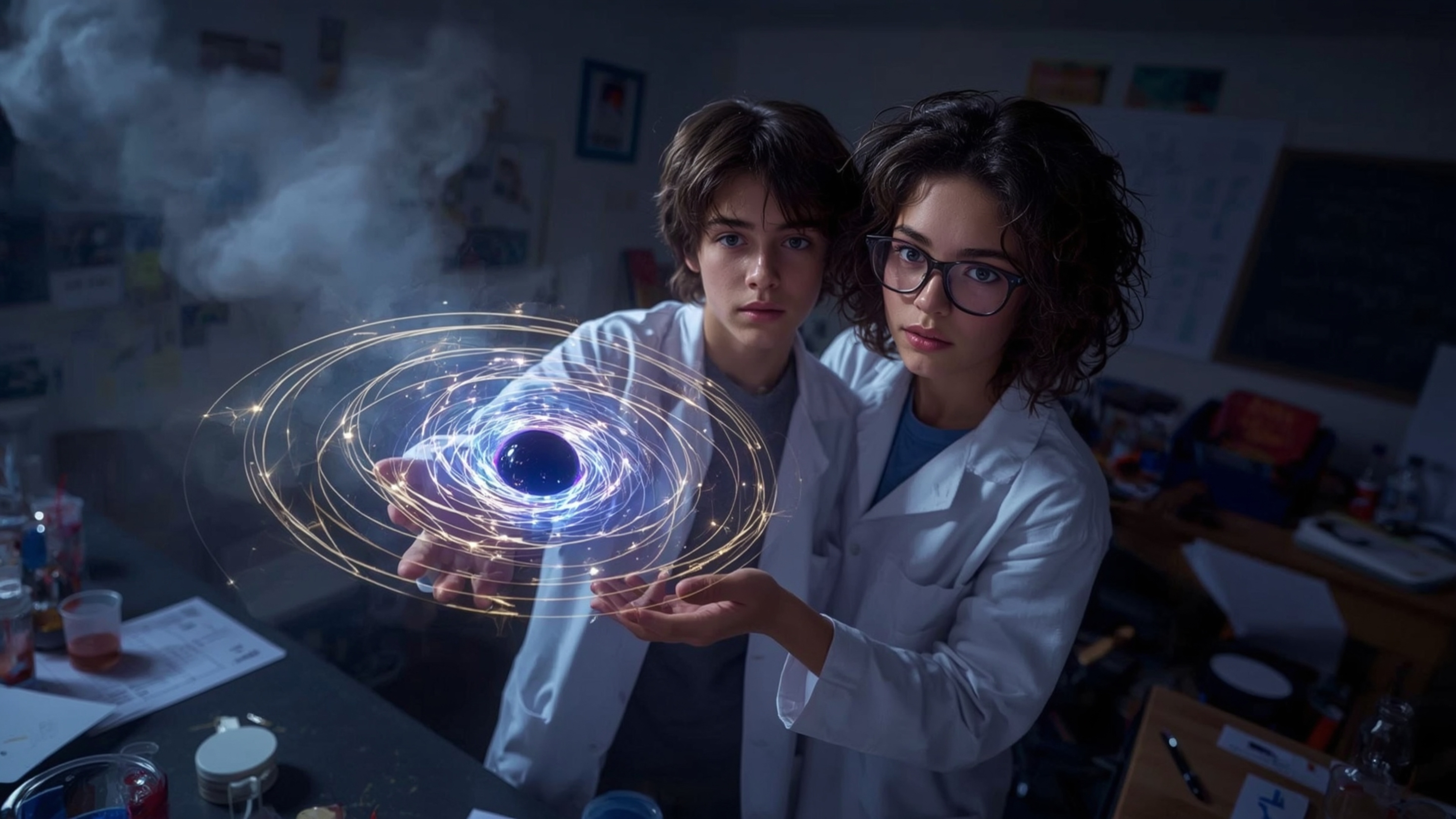 In a highly detailed, cinematic photo with a vibrant, Pixar-inspired color palette, a dynamic science fair duo—a curious boy 