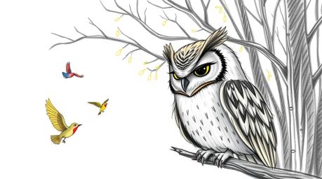 A charming hand-drawn sketch in the style of Pixar depicts a serene blind owl with slightly ruffled feathers, patiently teach