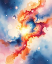 Experience the grandeur of colliding galaxies in this delicate watercolor painting. A cosmic explosion of light and color is 