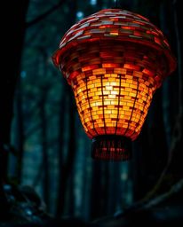 Discover a captivating image of a dynamic, layered papier-mâché lantern glowing in a dark forest.  The artwork features blurr