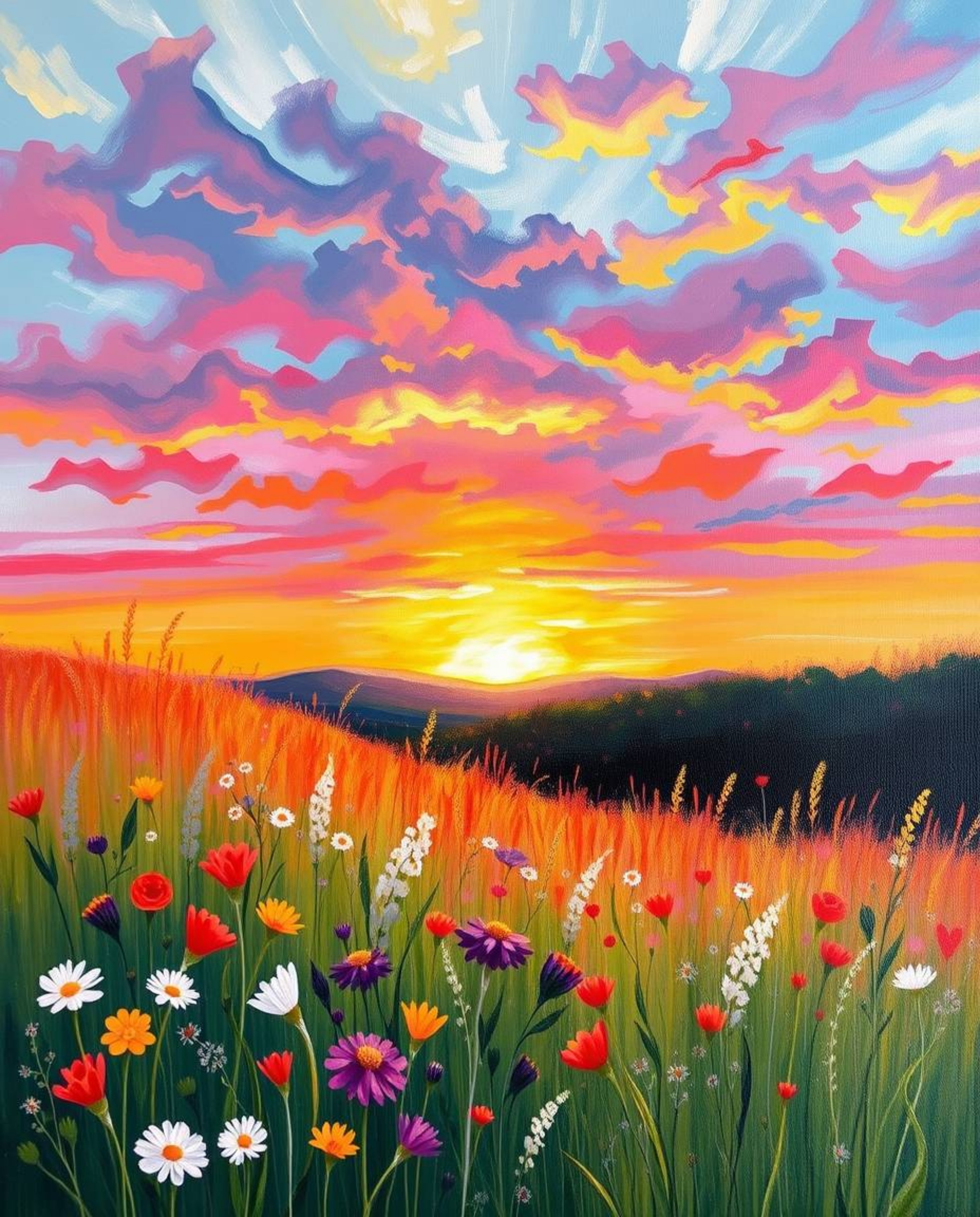 Experience a vibrant acrylic painting of an enchanting sunset over a spring wildflower meadow. This piece creates a dreamlike