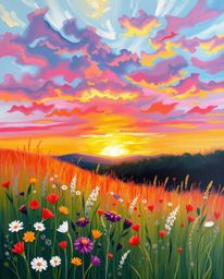 Experience a vibrant acrylic painting of an enchanting sunset over a spring wildflower meadow. This piece creates a dreamlike