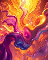 This digital painting features a warm golden glow and a low angle perspective, showcasing colorful 3D fluid shapes interactin