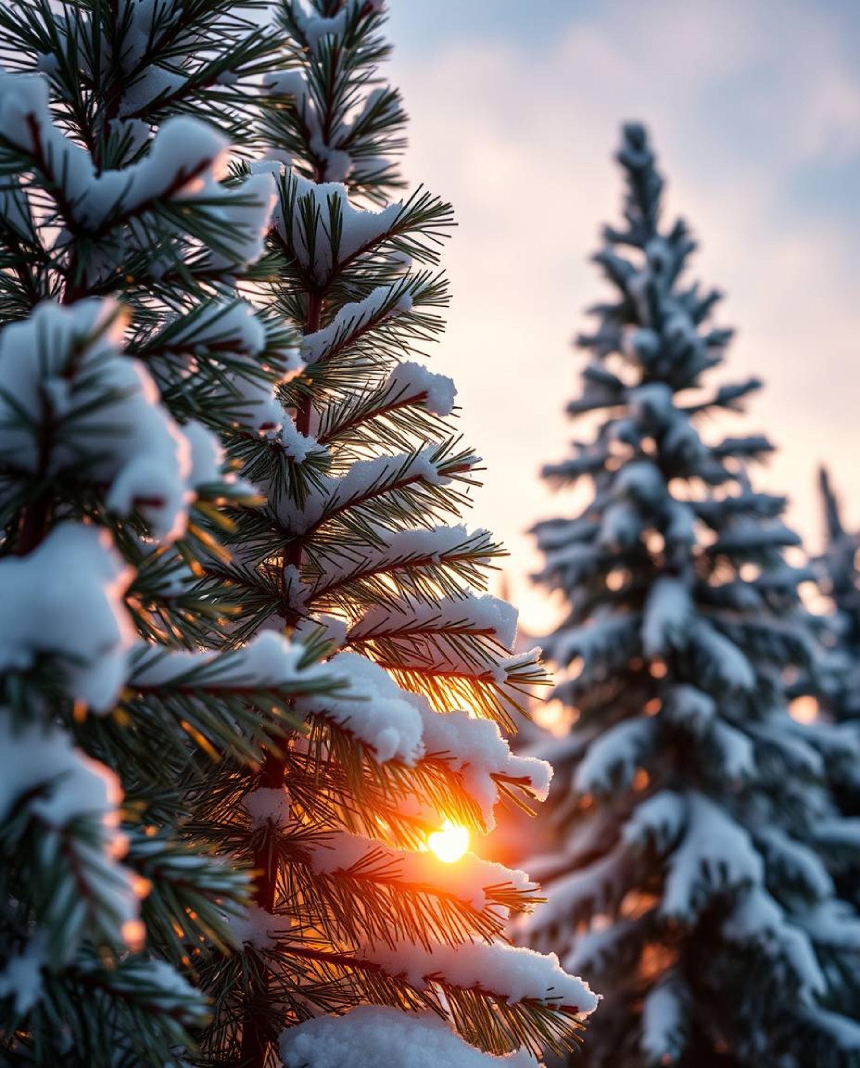 A high-resolution stock photo provides a tight close-up shot of snowy pine trees at sunset, emphasizing detailed focus. This