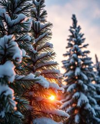 A high-resolution stock photo provides a tight close-up shot of snowy pine trees at sunset, emphasizing detailed focus. This 
